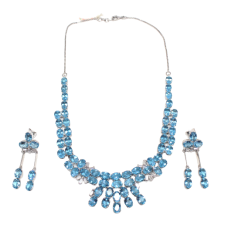 Necklace Earrings Ring Set 925 Sterling Silver Hallmarked Designer Natural Blue Topaz Gem Stone & Cubic Zirconia CZ Handmade Women Gift E421